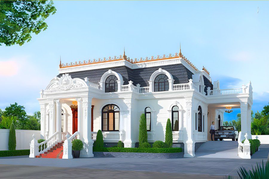 Mẫu nhà tân cổ điển 1 tầng mái Mansard có sảnh chính rộng và gara ô tô bên hông.