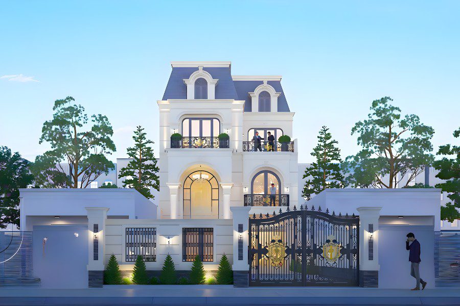 Mẫu nhà tân cổ điển 3 tầng kiểu Pháp có mái Mansard và cổng sắt mỹ thuật.
