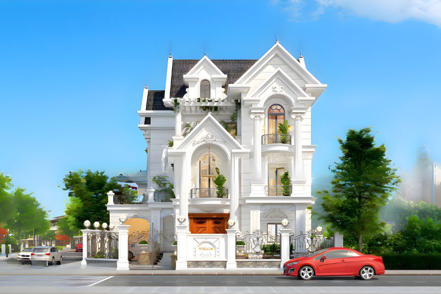 Mẫu nhà tân cổ điển 2-3 tầng có mái thái cách điệu và hoa văn tinh xảo.