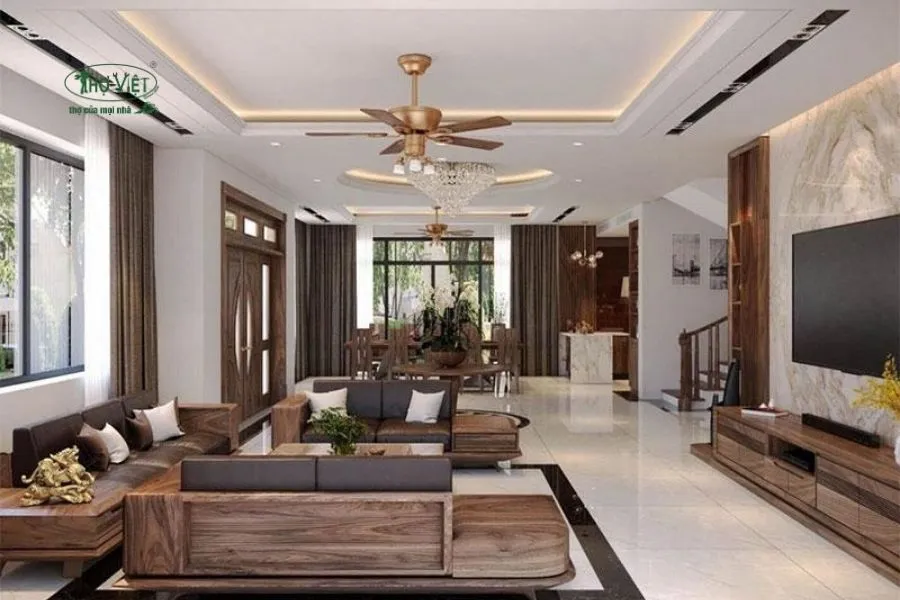Mẫu trần thạch cao phòng khách có quạt trần