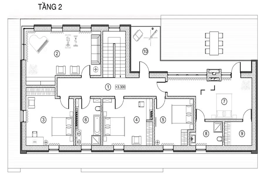 Bản vẽ bố trí nội thất tầng 2 mẫu nhà 2 tầng nông thôn 500 triệu