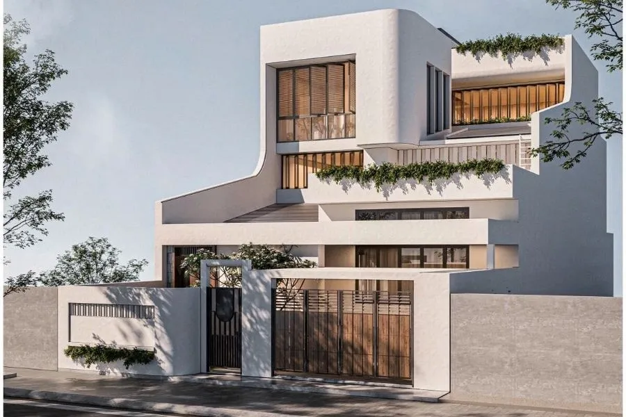 Mẫu nhà 2 tầng mặt tiền 8m mái bằng