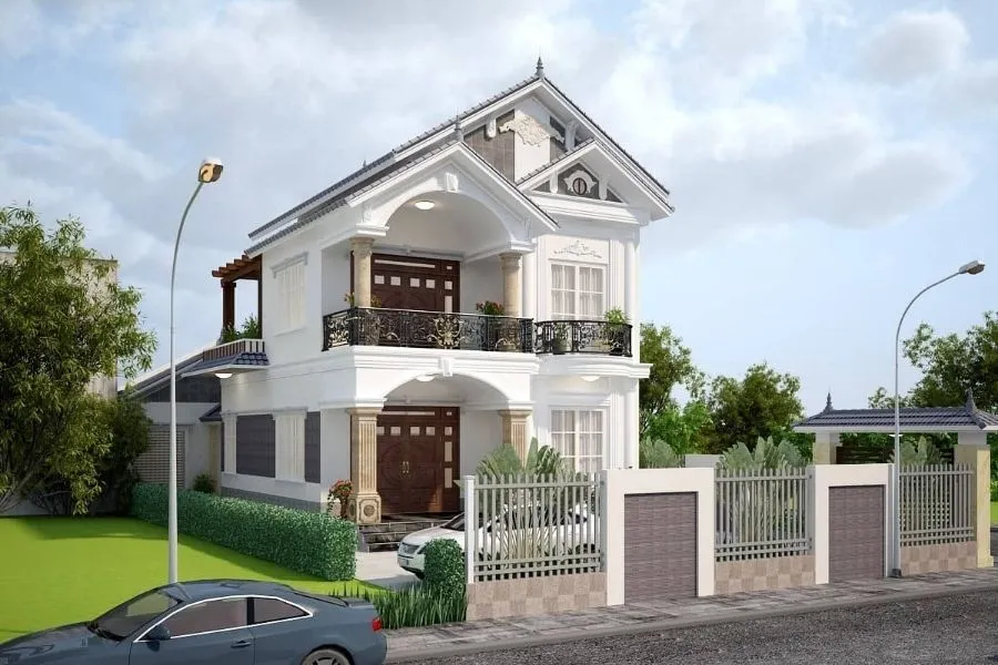 Mẫu nhà 2 tầng nông thôn 500 triệu có sân trước để xe máy