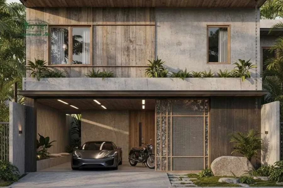 Mẫu nhà có gara ô tô Wabi Sabi