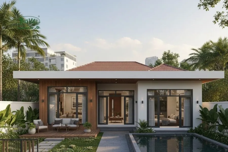Mẫu nhà mái ngói 1 tầng sân vườn