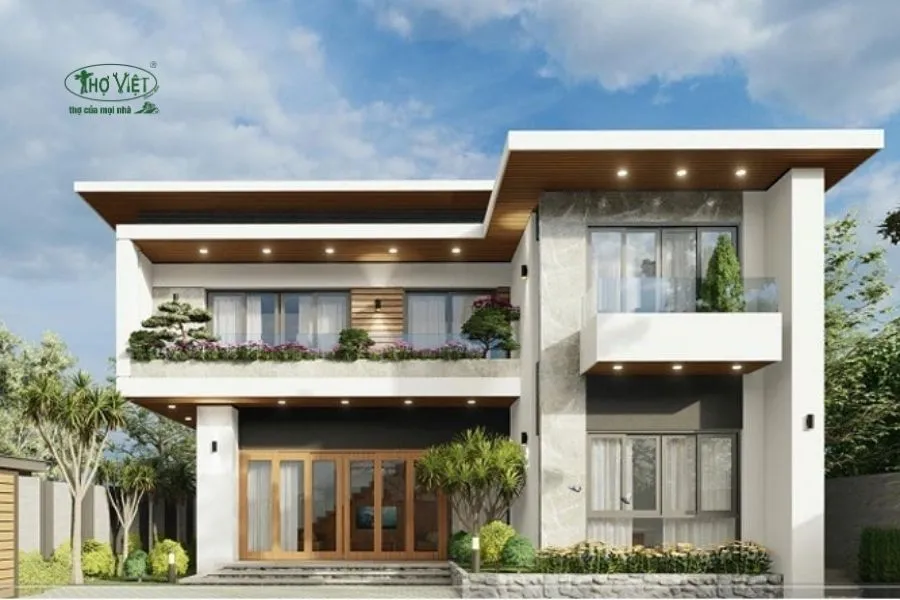 Mẫu nhà ngang 10m 2 tầng chữ L