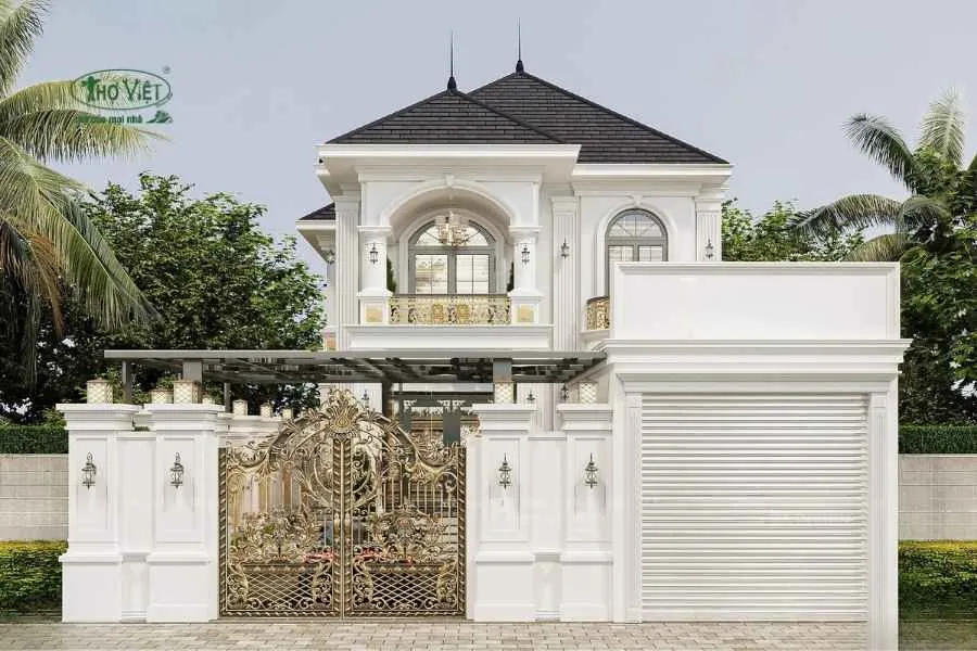 Mẫu nhà ngang 10m 2 tầng cổ điển