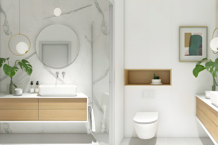 Mẫu nhà vệ sinh đẹp trang trí bằng cây xanh và vân đá marble sang trọng.