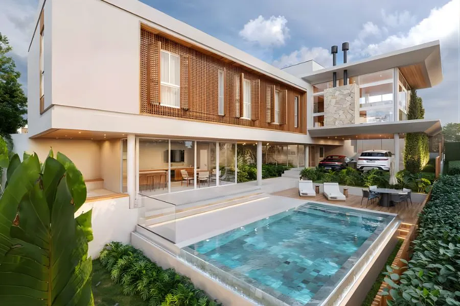 Mẫu thiết kế nhà 2 tầng 100m2 chữ L đẹp có hồ bơi