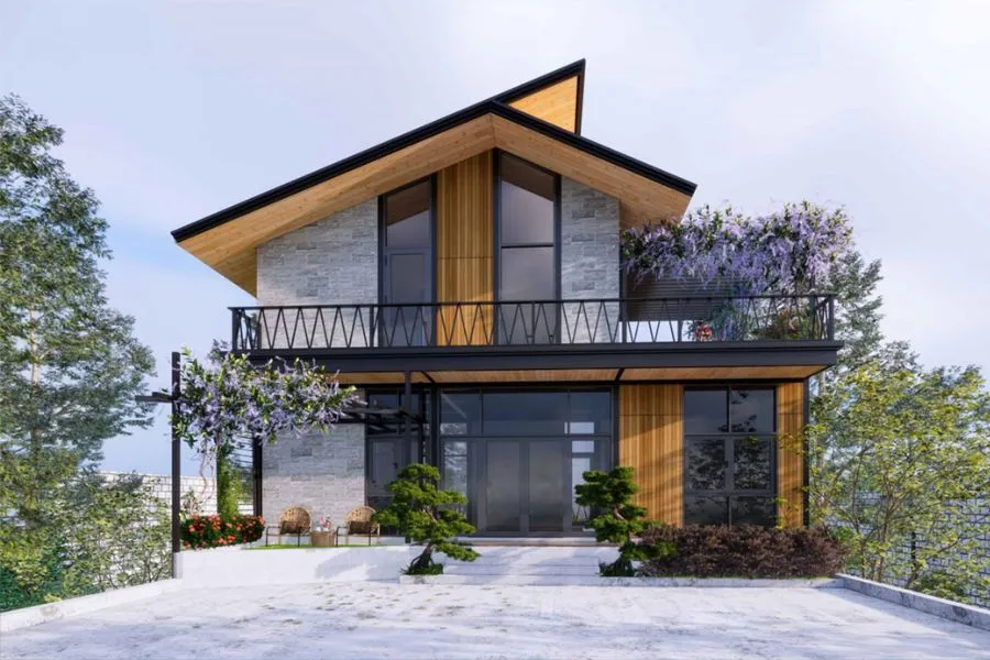 Thiết kế nhà 2 tầng 100m2 mái cách điệu