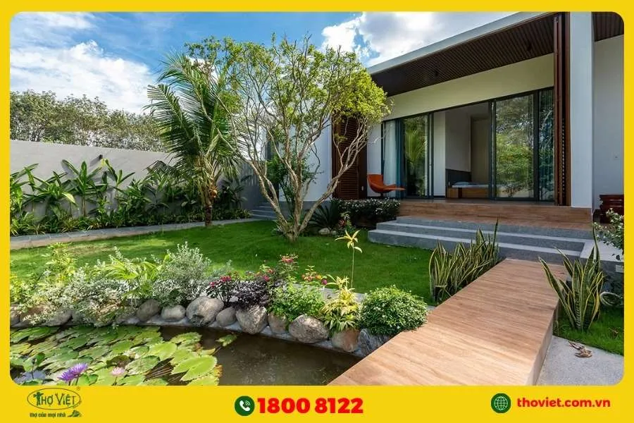 Mẫu nhà vườn đẹp ở nông thôn có ao cá và vườn trái cây
