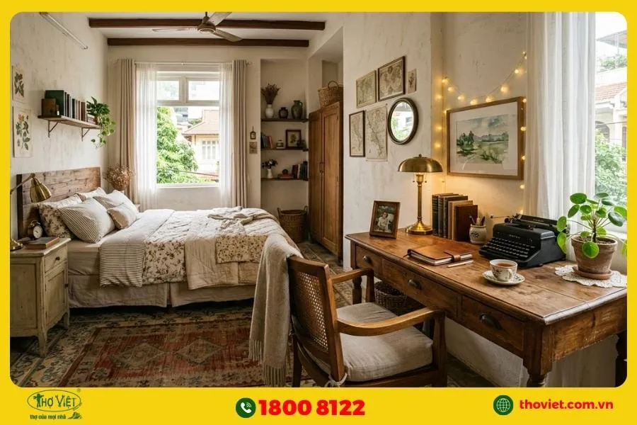 Phòng ngủ có bàn làm việc vintage