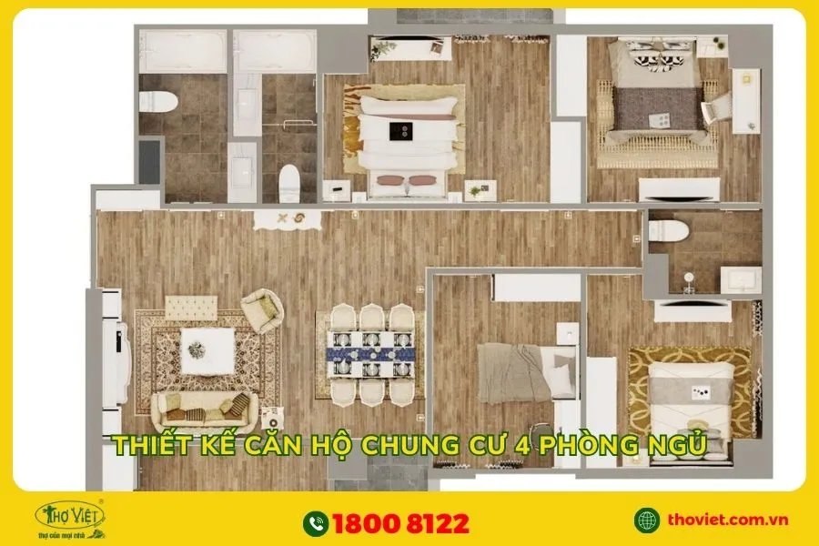 Thiết kế căn hộ chung cư 4 phòng ngủ