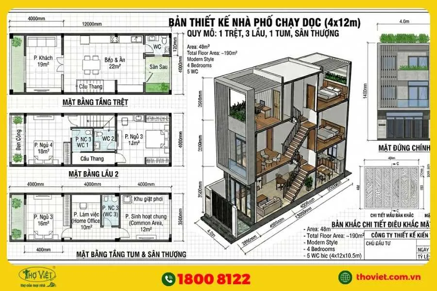Bản vẽ thiết kế nhà 4x12m
