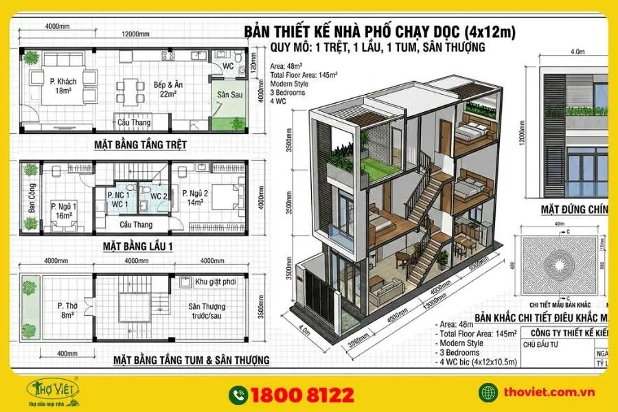 Bản vẽ thiết kế nhà 4x12m