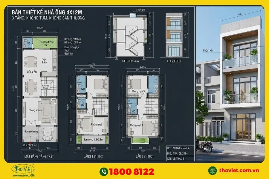 Bản vẽ thiết kế nhà 4x12m