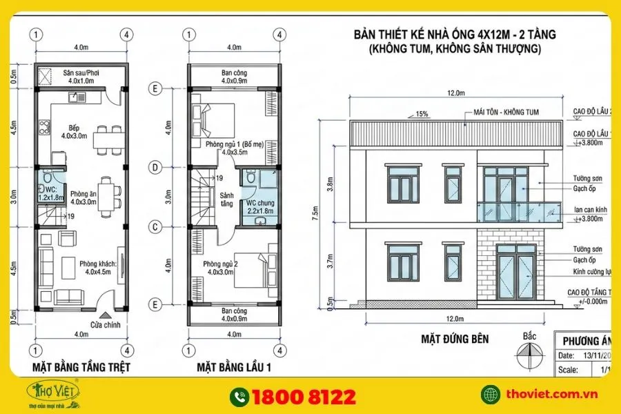 Bản vẽ thiết kế nhà 4x12m