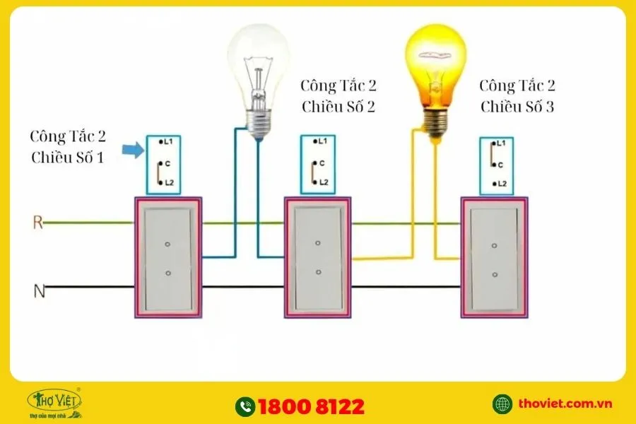 Đấu công tắc đảo chiều 2 bóng đèn