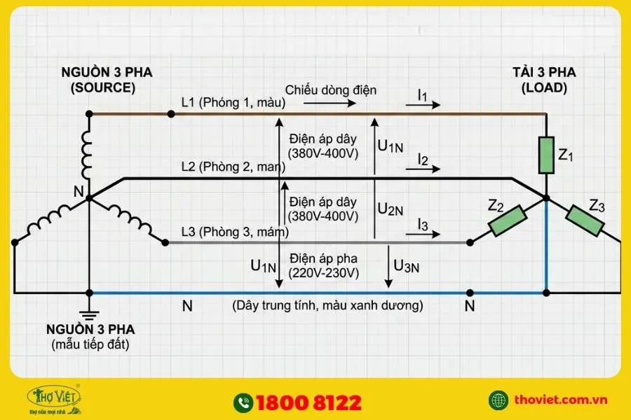 Sơ đồ đấu nối dòng điện 3 pha 4 dây