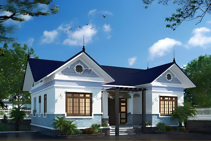 Nhà chữ U cấp 4 mái thái xanh kết hợp ốp đá chân tường kiên cố