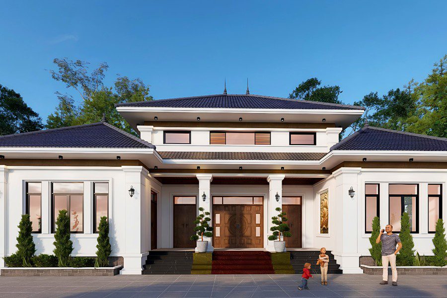 Mẫu nhà chữ U mái nhật 2 tầng phá cách với mặt tiền rộng bề thế