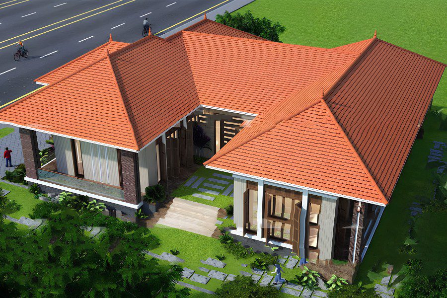 Mẫu nhà chữ U cấp 4 sân vườn nhìn từ trên cao
