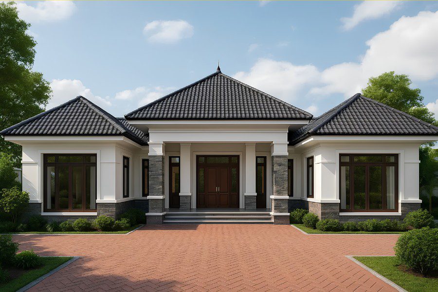 Mẫu nhà chữ U mái nhật phong cách tân cổ điển màu xám thanh lịch