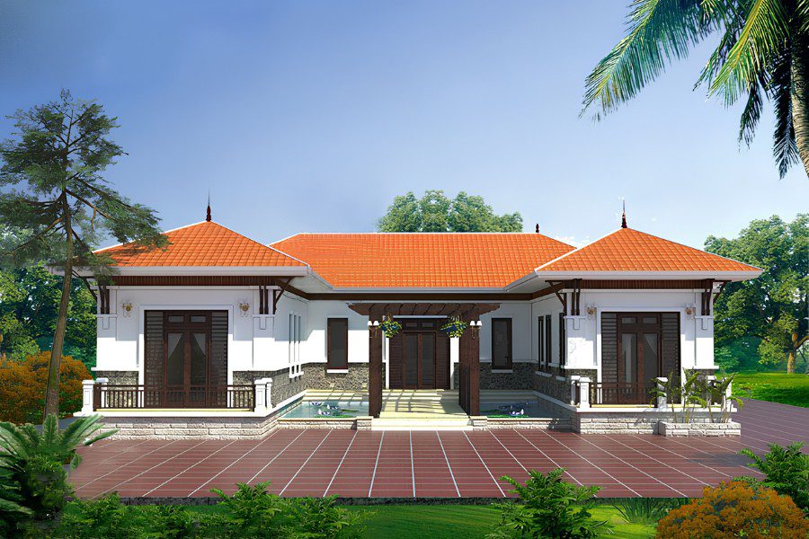 Nhà chữ U 4 phòng ngủ mái đỏ