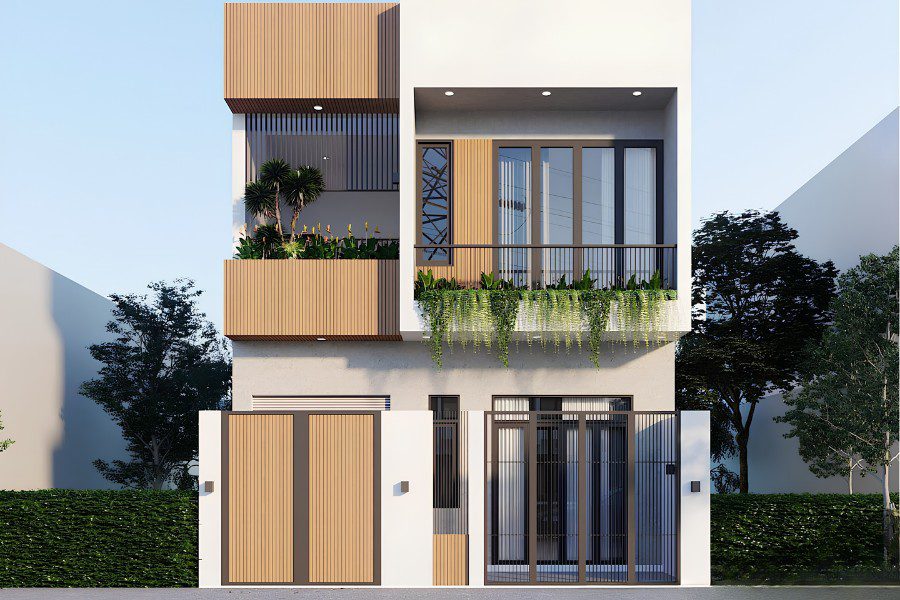 Nhà ống 2 tầng hiện đại sử dụng các khối hình học vuông vắn, khỏe khoắn