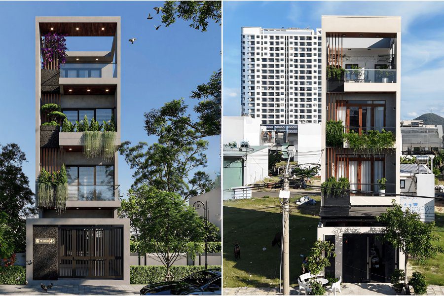 Thiết kế nhà 4 tầng mặt tiền 5m xanh (Eco Green)