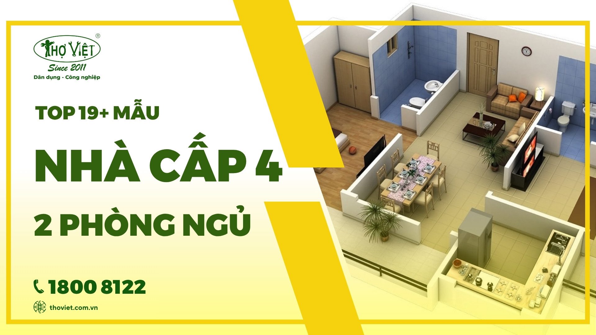 Thiết kế nhà cấp 4 2 phòng ngủ