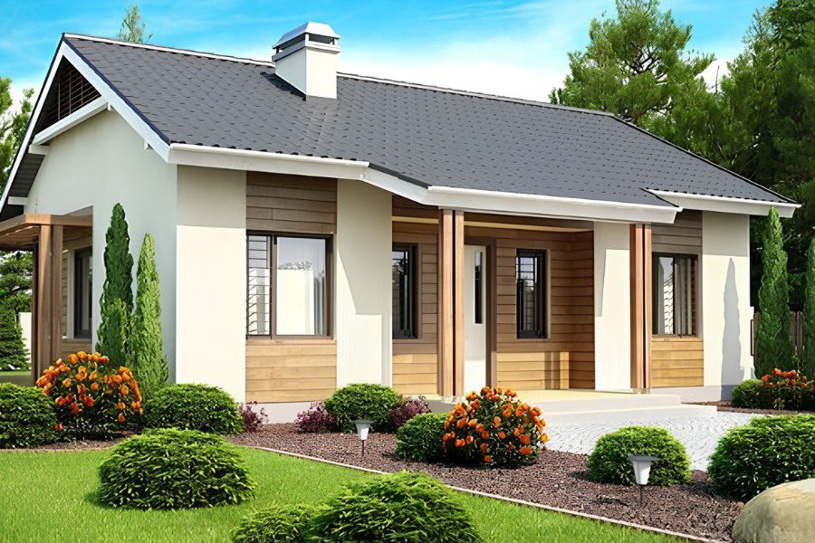 Nhà gỗ 3 gian kết hợp với khuôn viên sân vườn, hồ cá koi, hòn non bộ và hàng cau xanh