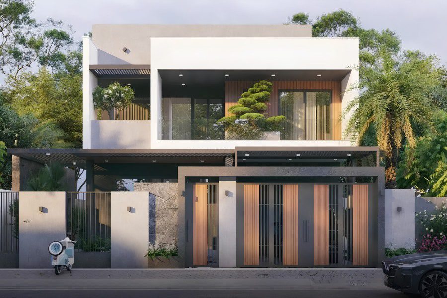 Nhà mái bằng 2 tầng phong cách hiện đại sử dụng các hình khối vuông vức