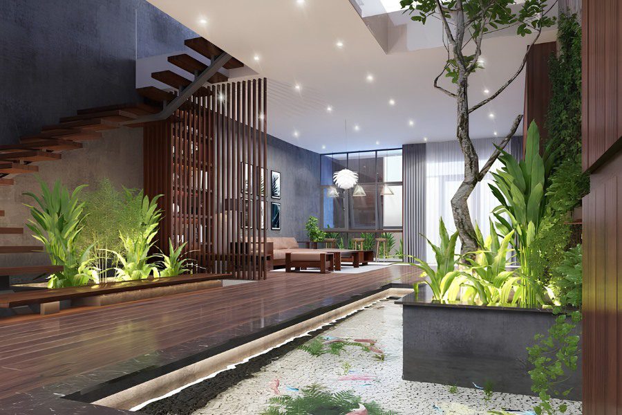 Bên trong nhà mái bằng kết hợp sân vườn và không gian xanh