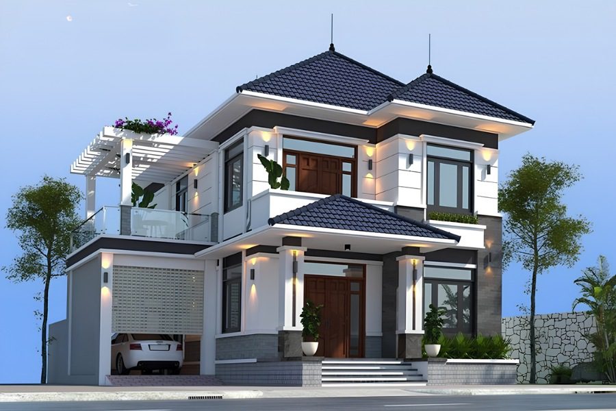 Mẫu nhà vuông 2 tầng 80m mái Nhật